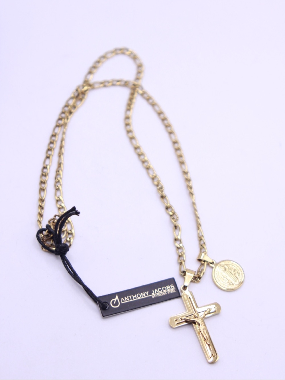 Anthony Jacobs Gold Tone Stainless Steel Chain Benedict Pendant Cross Necklace